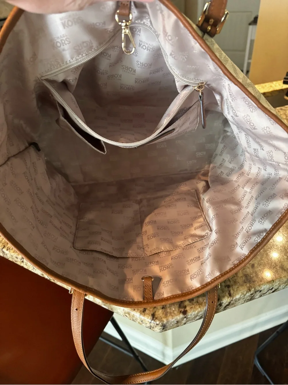 Michael Kors White Logo Tote with Brown Trim